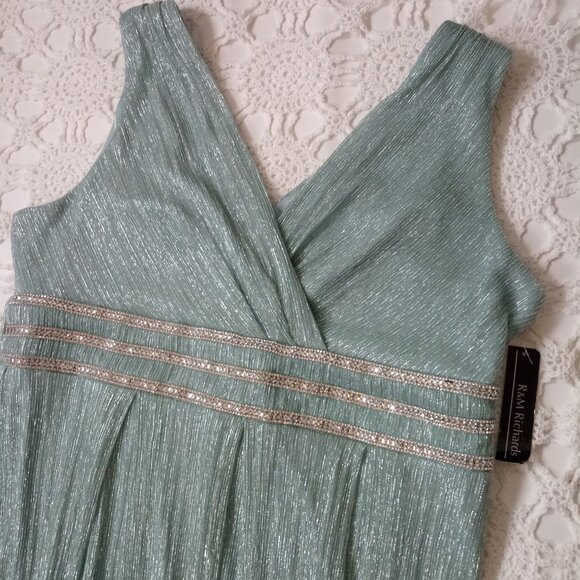 New R&M Richards Maxi Dress Fit Flare Aqua Blue Glitter Empire Waist 14 P Women - Picture 3 of 8